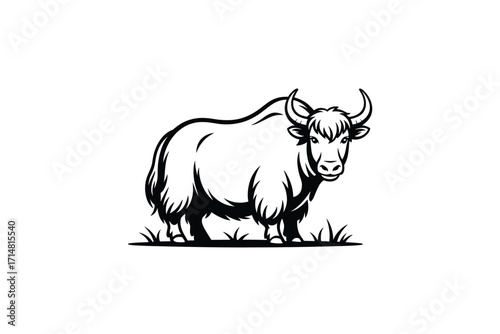 Majestic Yak Vector Illustration: White Fur, Colorful Horns and Minimalist Sun Icon for Graphic Designs and Branding Projects, High Quality Clip Art.