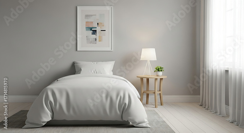 Minimalist bedroom with a single white bed and soft natural light