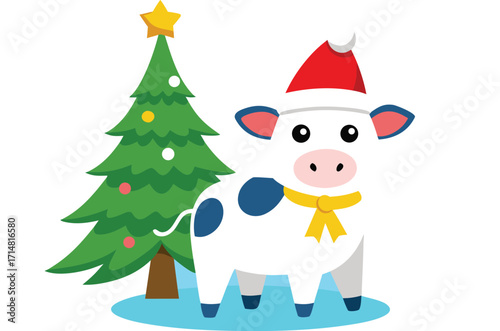 Cute cartoon cow wearing a santa hat next to a christmas tree