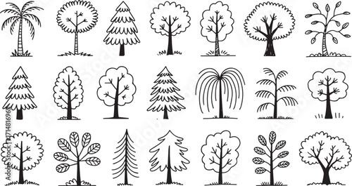 Hand drawn tree set of 20 unique sketch illustrations including palm pine willow bamboo and deciduous forest elements.