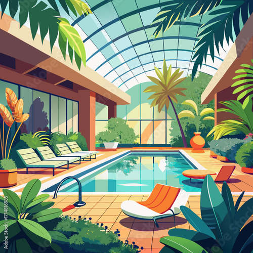 Cozy tropical indoor pool cartoon illustration with lush greenery and relaxing loungers