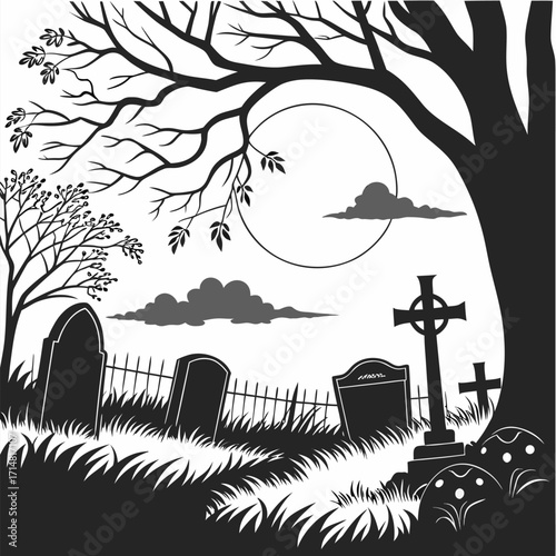 Haunted Cemetery Silhouette Vector — Gothic Horror Art for Halloween T-shirt and Poster Design
