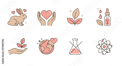 Crueltyfree and organic cosmetic icon set, including rabbit, heart, plant, and chemicalfree symbol
