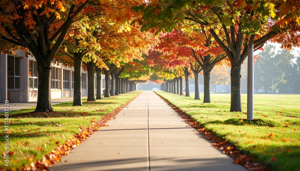 Naklejka premium Beautiful autumn pathway lined with vibrant trees and fallen leaves on a sunny day