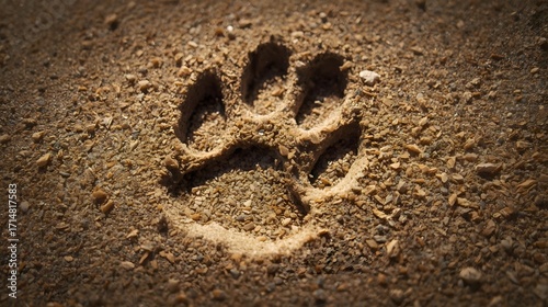 Paw Print Impression: A detailed, close-up perspective of a singular paw print embedded in sand. The imprint, left by an animal, subtly speaks of the wild. 