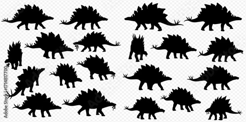 A collection of black Stegosaurus dinosaur silhouettes depicted in various dynamic poses.