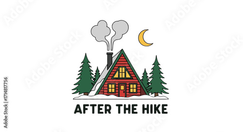 Illustration of a cozy cabin in the woods after a hike, with smoke rising from the chimney and a crescent moon in the sky