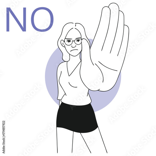 Serious woman with hand raised saying NO, conveying firm refusal and boundaries