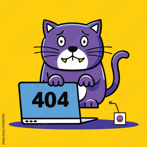 Worried purple cat with laptop displays 404 error page