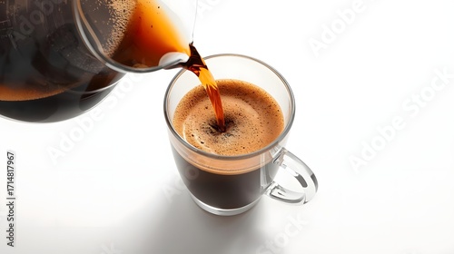 Coffee Pouring: A close-up view captures the art of pouring freshly brewed coffee into a transparent glass, revealing the rich, dark color and inviting aroma of the morning ritual.
