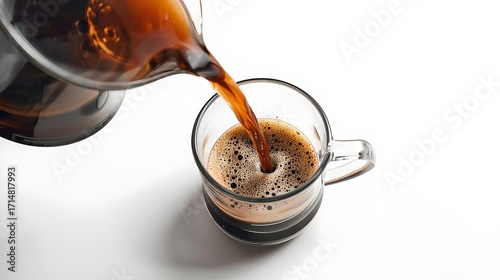 Fresh Brew Pour: A close-up shot captures the art of pouring freshly brewed coffee into a transparent glass cup, highlighting the rich color and aromatic essence of the beverage.