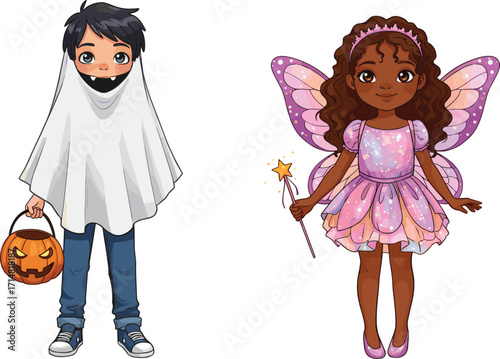Halloween children in costumes, ghost and fairy characters, trick or treat scene, festive vector illustration for holiday, celebration, and fun