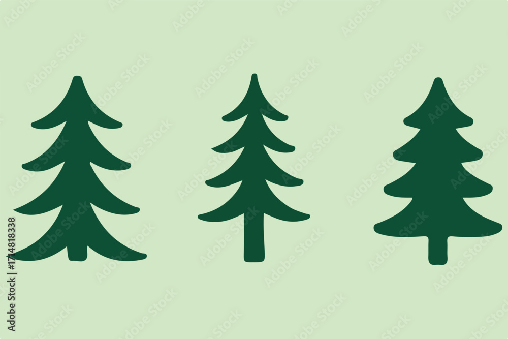 Fototapeta premium set of three simple flat pine tree silhouettes in dark green on soft green background, ideal for nature, forest, holiday, or christmas themed design and illustration projects