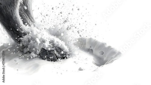 Powder Burst: A close-up, high-contrast image of a skier's foot carving through fresh, untouched snow, creating a dynamic burst of powder in a stark black and white composition.