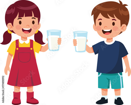PrintCartoon children drinking milk, happy boy and girl illustration, healthy lifestyle, kids nutrition, dairy beverage, smiling friends, childhood wellness, vector art