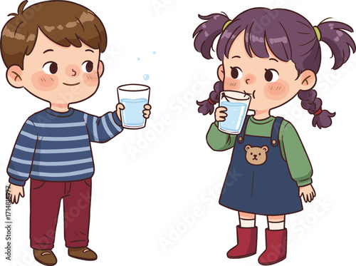 PrintCartoon children drinking water, cute boy holding glass, little girl sipping drink, healthy lifestyle, hydration, wellness, nutrition, educational illustration