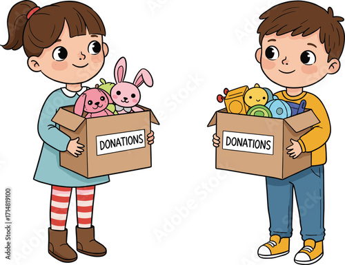 PrintChildren, donation, kindness, charity, toys, cardboard boxes, giving, community, support, empathy, volunteer, sharing, childhood, generosity, helping others, social values, teamwork, education, 