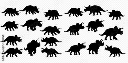 A collection of black triceratops dinosaur silhouettes in various poses on a transparent background.