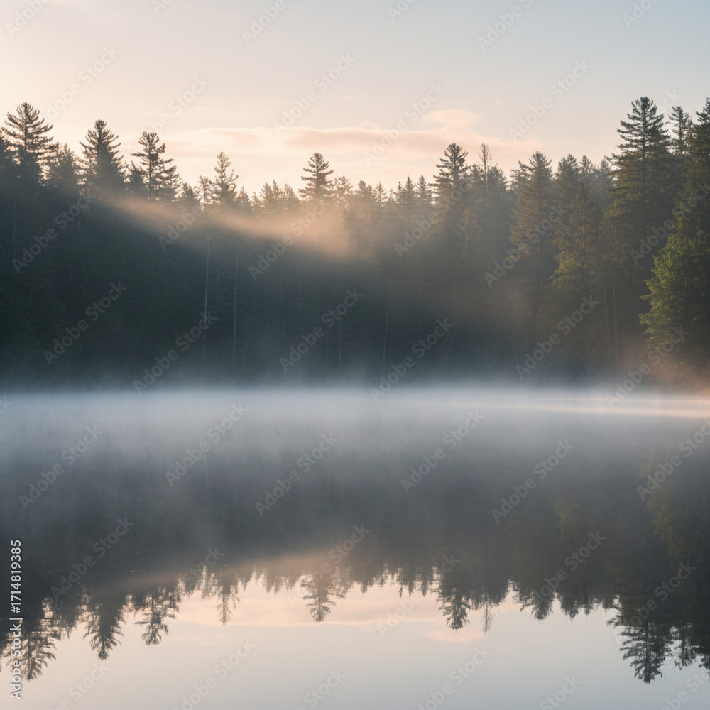 Fototapeta premium Foggy morning at the lake with sun rays shining through the trees