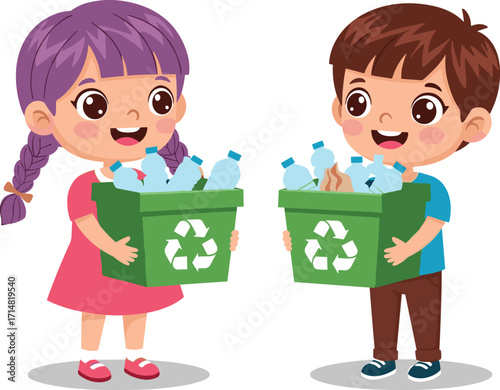 PrintCute kids recycling plastic bottles, children holding recycle bins, eco friendly lifestyle, waste management, sustainability, save earth, environment care