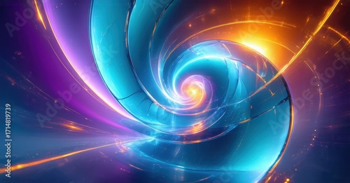 Vibrant spiral energy flows. Blue, purple, orange hues blend. Light radiates from central point, creating dynamic visual effect.