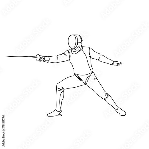 Fencer in action performing a lunge with foil sword on white background  