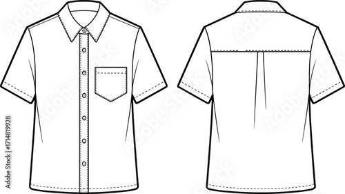 shirt, short, sleeve, button, up, collar, pocket, womenswear, fashion, clothing, apparel, garment, vector, design, sketch, outline, front, back, style, illustration