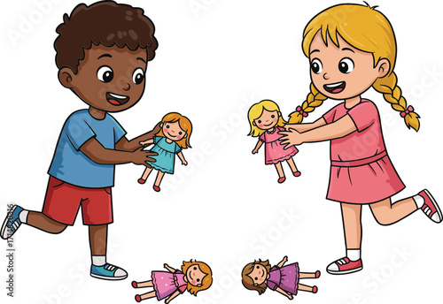 Two cartoon children playing with dolls on floor, friendship and imagination concept, colorful vector illustration for kids activity and fun