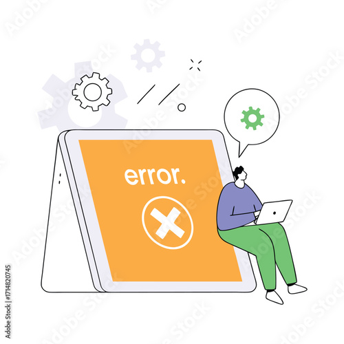 Frustrated person encounters website error on digital device with gears symbolizing technical issues