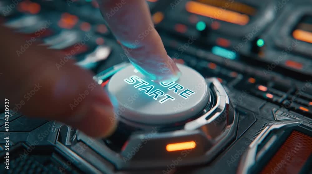 Finger Pressing Glowing future Start Button on High tech Control Panel ...