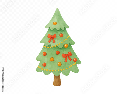 Watercolor Christmas tree decorated with red bows, orange baubles and golden garland, simple festive holiday evergreen design for seasonal celebration. Vector illustration.