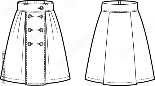 skirt, double, breasted, pleated, womenswear, fashion, clothing, apparel, garment, flared, button, waistband, stylish, chic, front, back, vector, design, sketch, illustration