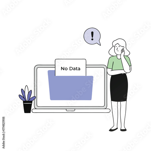 Frustrated woman facing no data error on laptop screen with thought bubble