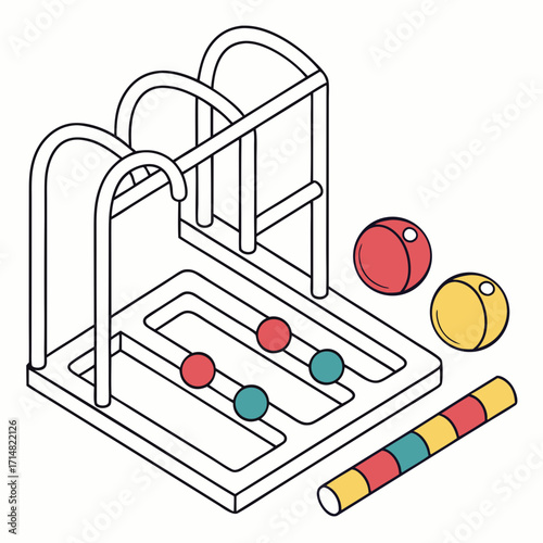Colorful toy balls and game board in isometric perspective with simple outline design