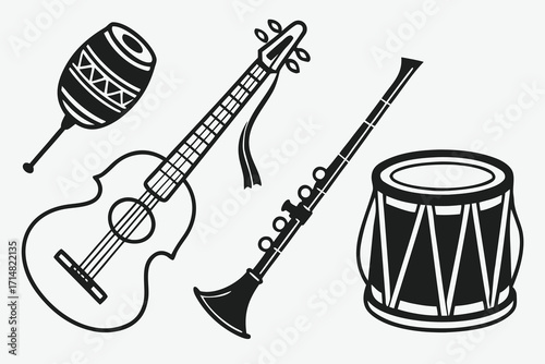 Black silhouette collection of musical instruments including guitar maraca clarinet and drum vector