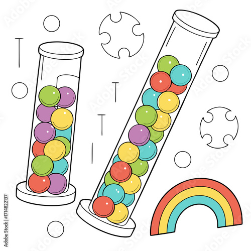 Colorful round candies in clear test tubes with rainbow and abstract shapes on white background