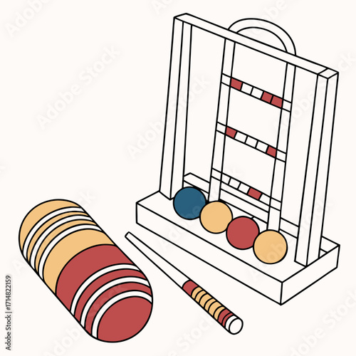 Illustration of a croquet set with mallets balls and wicket on a white background