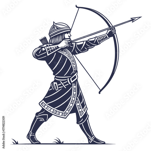 Ancient warrior archer in traditional armor aiming bow and arrow with focused intensity in a dynamic pose