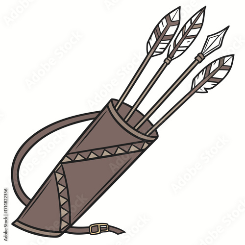 Brown leather quiver filled with four feathered arrows and a pointed arrowhead on white background