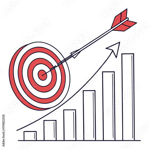 Arrow hitting bullseye on target with rising bar graph indicating business growth and success