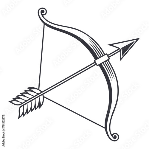 Classic archery bow and arrow illustration with stylized fletching and scrollwork