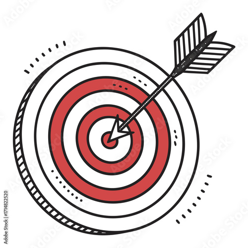 Hand drawn dart hitting the bullseye on a target symbolizing success and achievement in goals