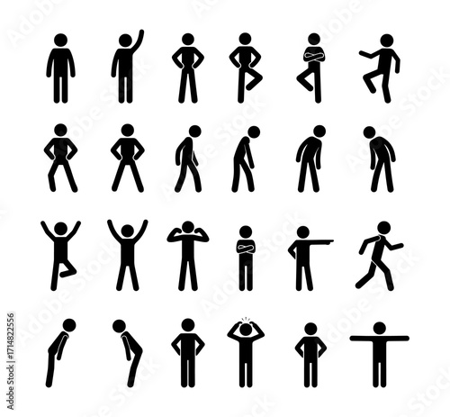 Stickman standing poses and body language icon set. Vector pictogram of human gestures, posture, tired, happy, confident, thinking, walking, pointing, yoga, meditation, silhouette people symbol.