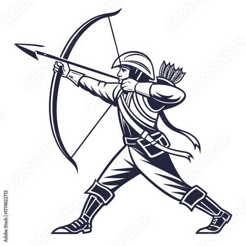 Stylized archer in vintage clothing aiming bow and arrow with quiver of feathers