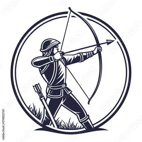 Stylized archer in circle emblem drawing aiming bow and arrow with quiver and grass detail