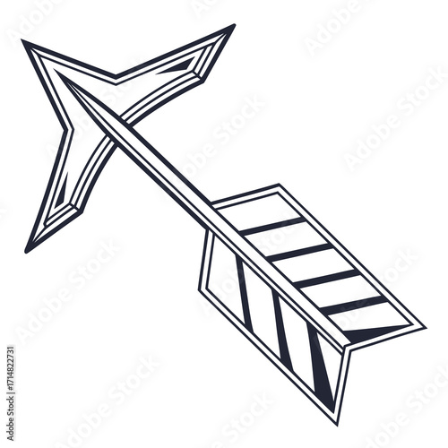 Stylized black outline arrow with sharp geometric fletching and pointed arrowhead on white background