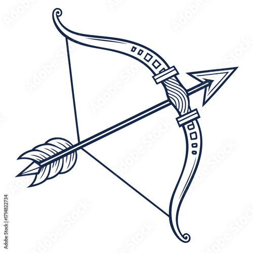 Stylized archer s bow and arrow silhouette with decorative elements on white background