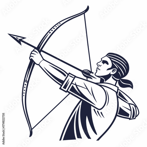 Stylized illustration of a determined archer drawing a bow and arrow ready to shoot