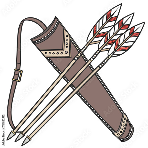 Traditional quiver filled with three arrows featuring decorative feathers and tribal patterns