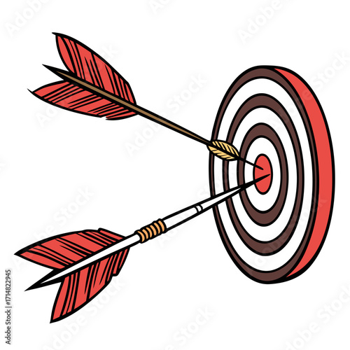 Two arrows accurately hitting the bullseye of a target representing success and achievement